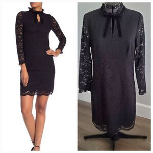 Nanette Lepore Dress Size 8 Black Lace High Neck Bow Romantic 3/4 Sleeve